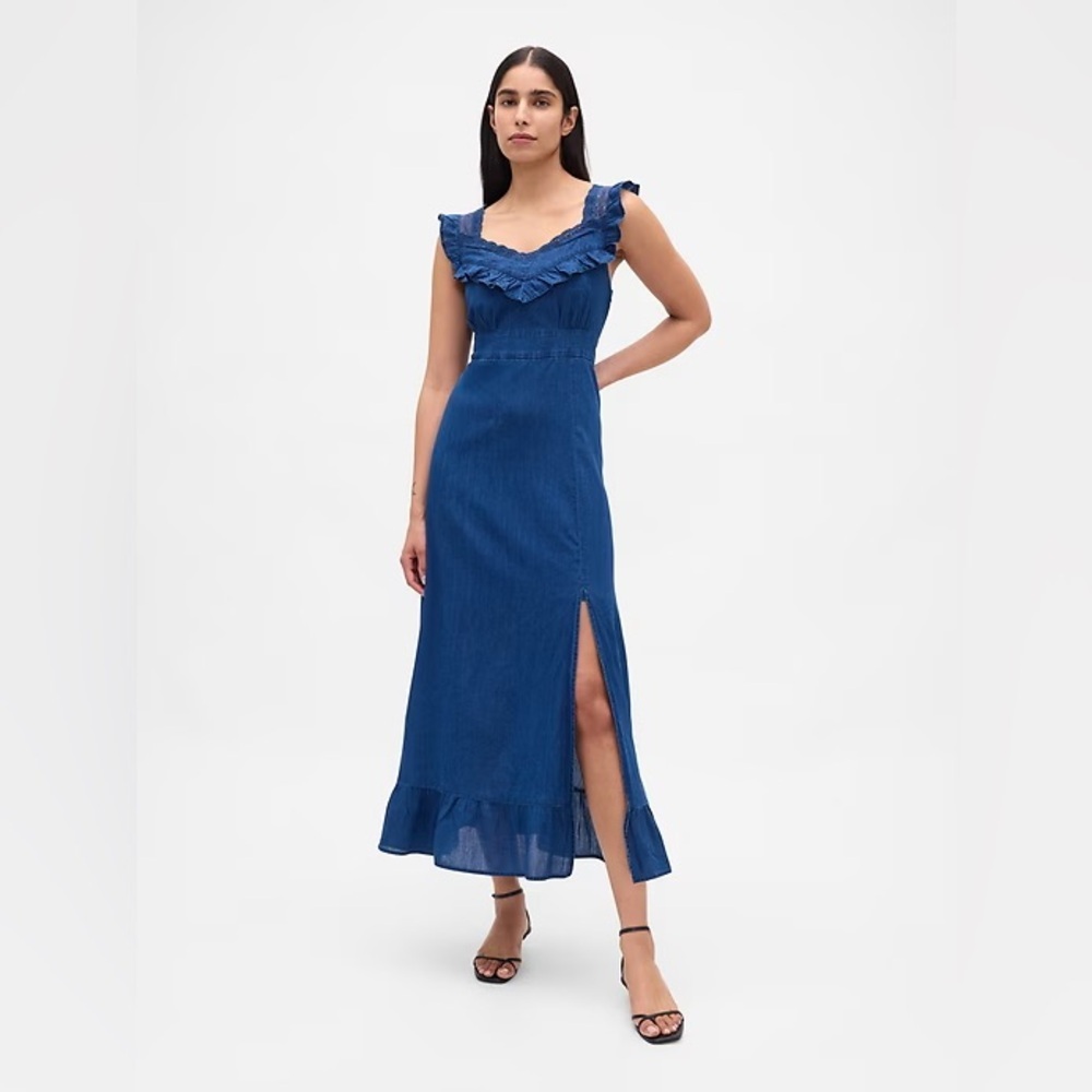 NWT! GAP Indigo Ruffle-Trim Maxi Dress - Size SMALL PETITE 🚦